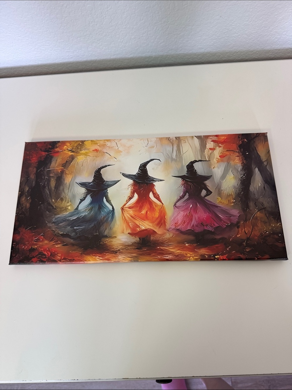 Autumn Witches Wall Art Canvas Print - Blue, Orange & Pink